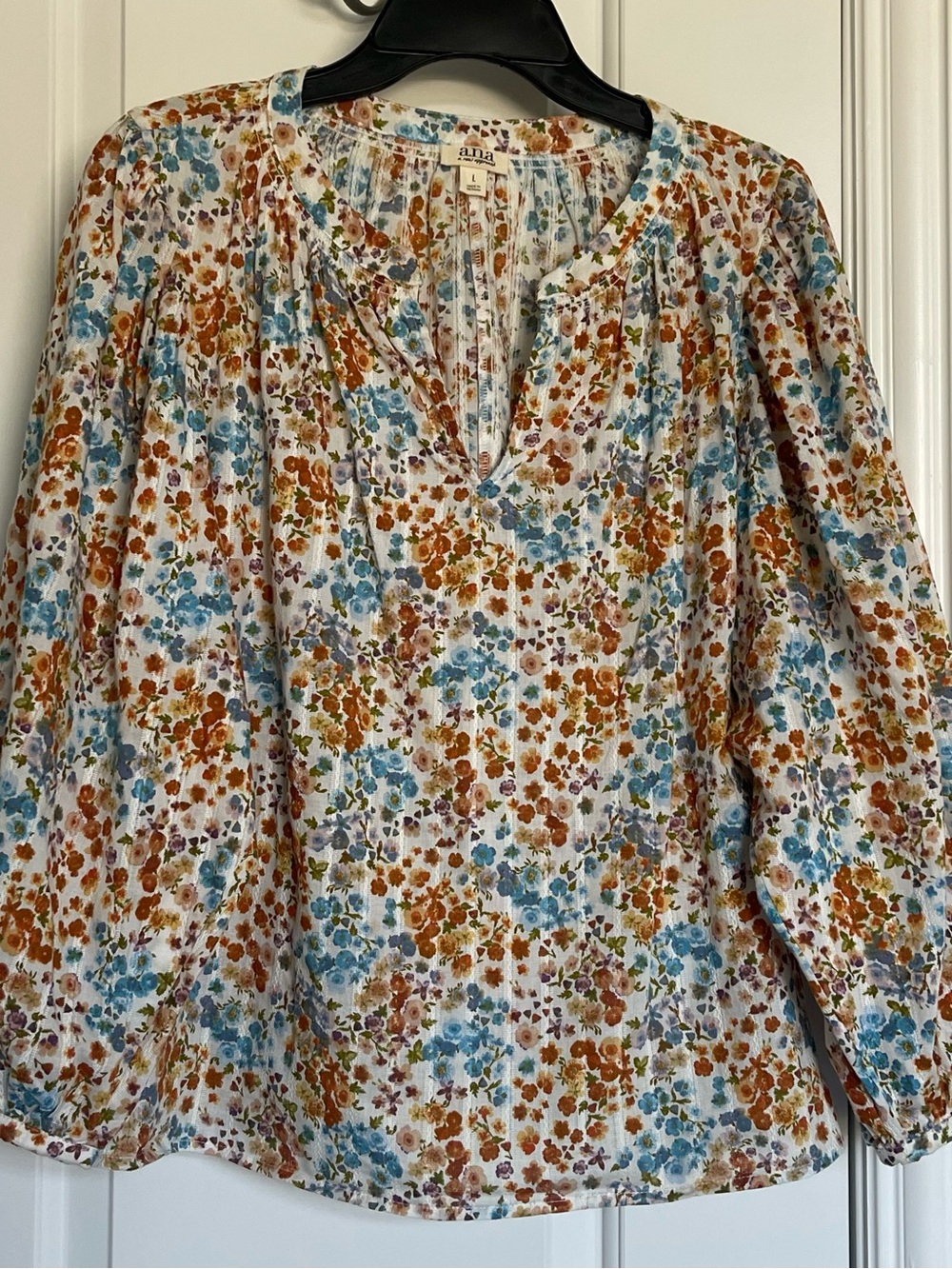 a.n.a Cream Floral Peasant Blouse with Blue and Rust Flowers